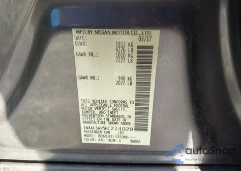 2017 Nissan Altima 2.5 Sl from USA, damaged, VIN 1N4AL3AP5HC224020